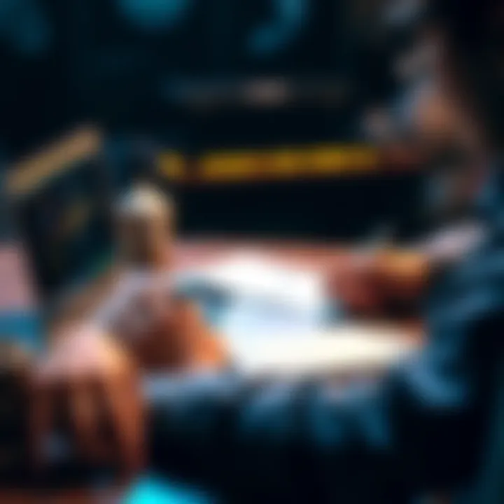 Dev Interview Preparation A person reviewing a laptop with interview notes and a notepad, preparing for a developer interview