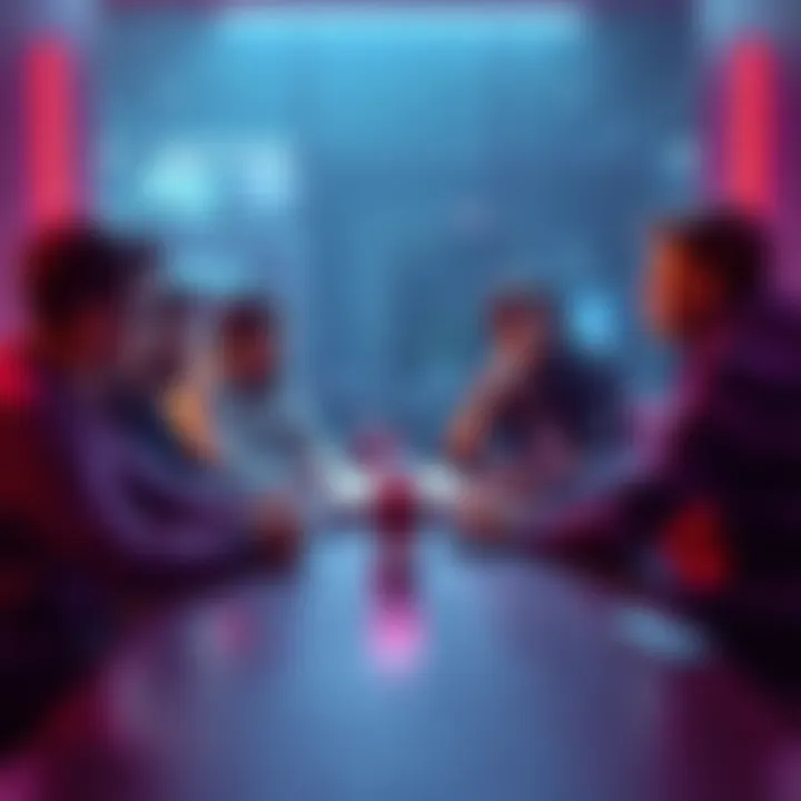 A group of game developers sitting around a table discussing Gammoth with concerned expressions