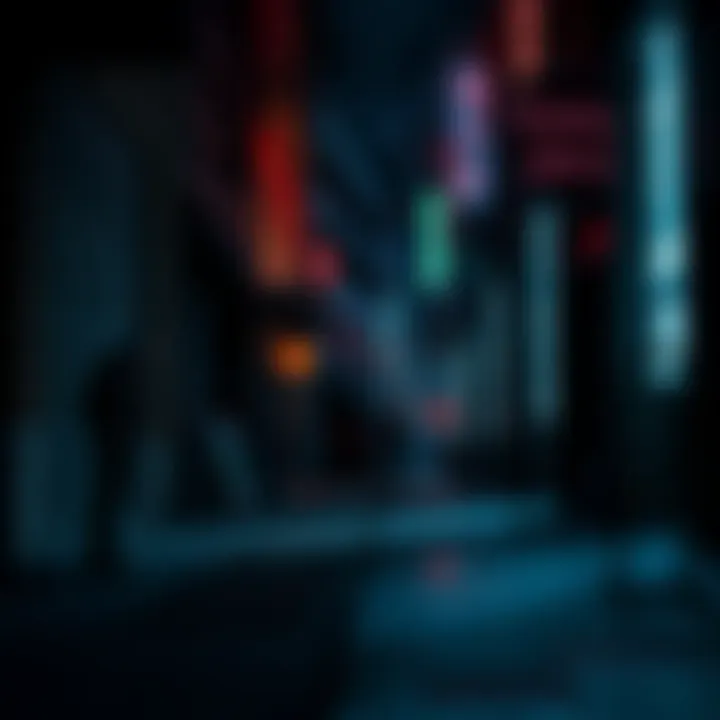 A character stands alone in a dimly lit alley in Night City, surrounded by shadows, showing a lost expression after significant losses.