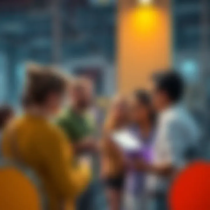 A group of people engaging in conversation about the Squibward at Metro Extracts.