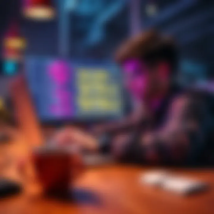 A focused developer debugging code on a laptop, with code snippets visible on the screen and a coffee cup nearby.