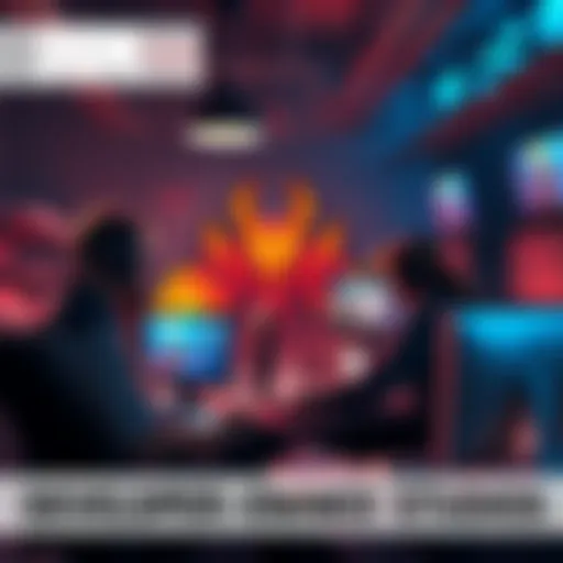 A gaming studio with developers brainstorming and collaborating on game designs.