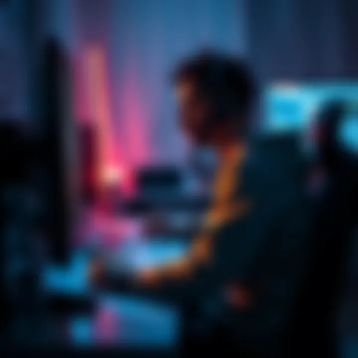 A game developer seated at a desk, focused on creating a horror game with retro graphics reminiscent of the PS1 era.