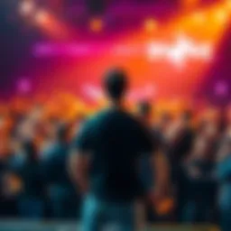 A developer stands confidently in front of a large crowd, engaging with fans and peers, while others remain in the background.
