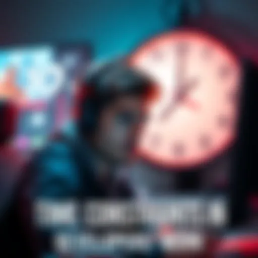 A video game developer looking concerned while working on a project with a clock in the background showing tight deadlines