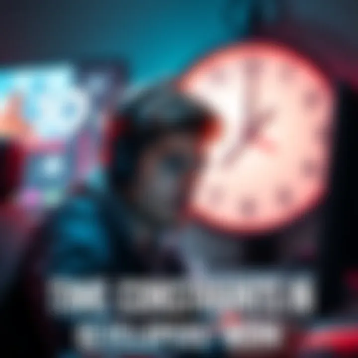 A video game developer looking concerned while working on a project with a clock in the background showing tight deadlines