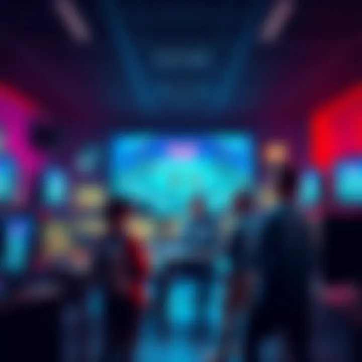 A group of game developers discussing the impact of AI on gameplay in a modern studio setting, surrounded by computer screens displaying game graphics.