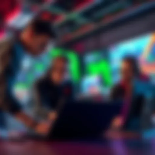 A group of game developers collaborating over a laptop, focusing on Nvidia DLSS 5 settings in a game development environment.