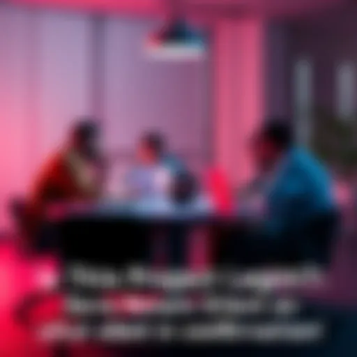 A group of developers sitting around a table with laptops, looking serious and discussing a project, creating an atmosphere of uncertainty.