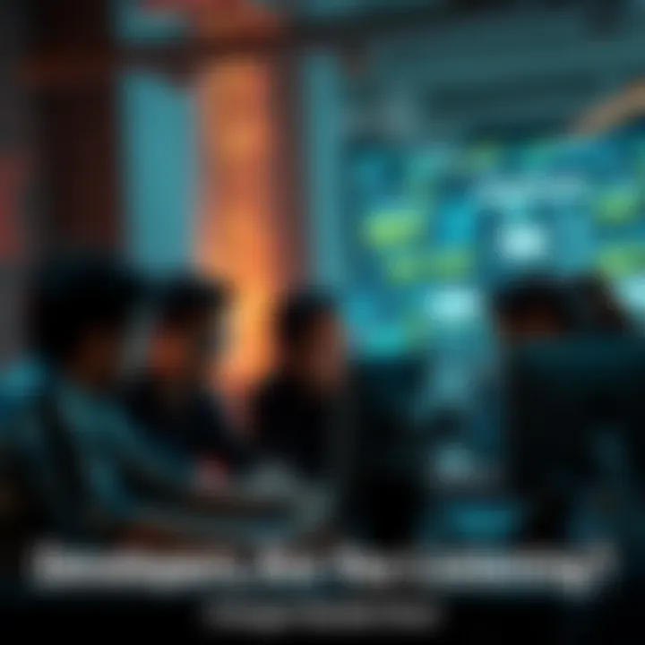 A group of developers gathered around a computer, discussing changes needed in their work.
