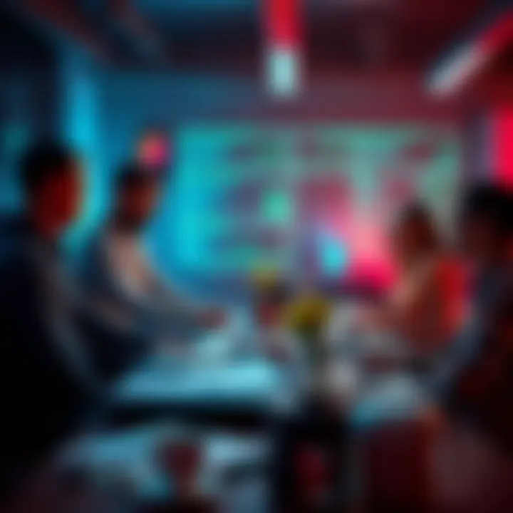 A group of developers discussing enhancements to software functionality at a table filled with laptops and notes.