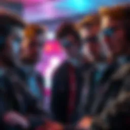 A group of game developers sitting together, looking worried and discussing their future in game design.
