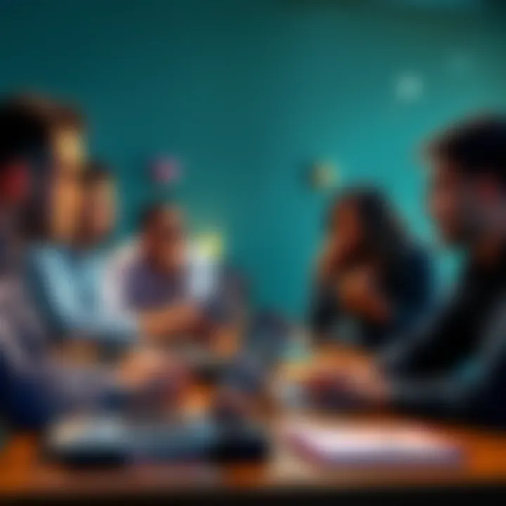 A group of developers expressing their opinions about TypeScript, some looking concerned and others thoughtful, sitting around a table with laptops open.