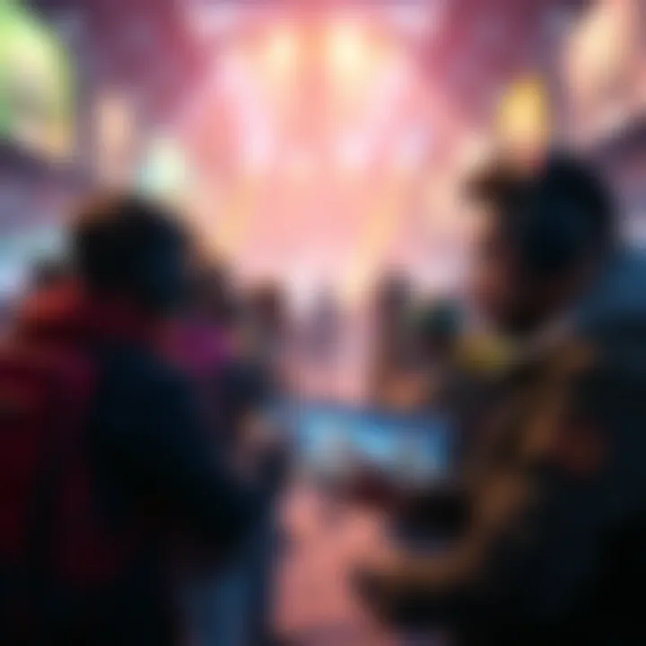 Developers presenting new gameplay updates with players engaged in the background