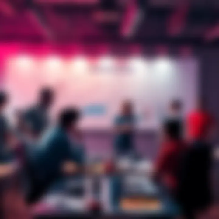 A group of game developers collaborating on a project, surrounded by notes and charts about gaming challenges.