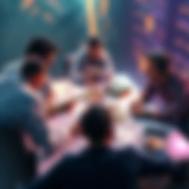 Group of game developers brainstorming new terrain features with sketches and notes on a table