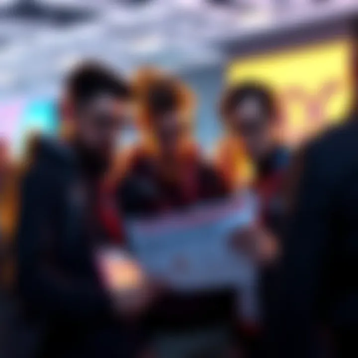 A group of concerned game developers discussing safety issues while looking at a conference flyer