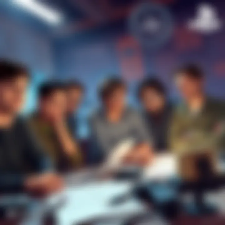 A group of game developers looks frustrated while working on Star Wars: The Phantom Menace for PS1, surrounded by various game design tools and notes.