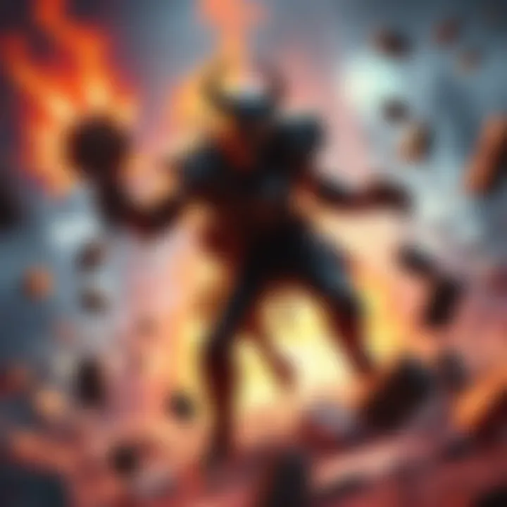 A Devestator character showcasing powerful moves in a battle scene, surrounded by debris and chaos from the game environment.