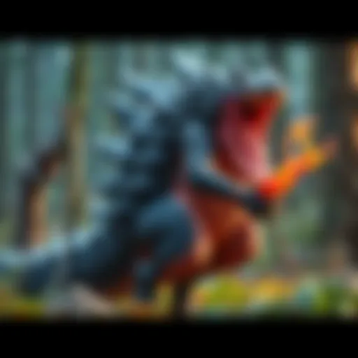 A Deviljho monster is seen munching on its own tail, showcasing its bizarre behavior in a wild environment.