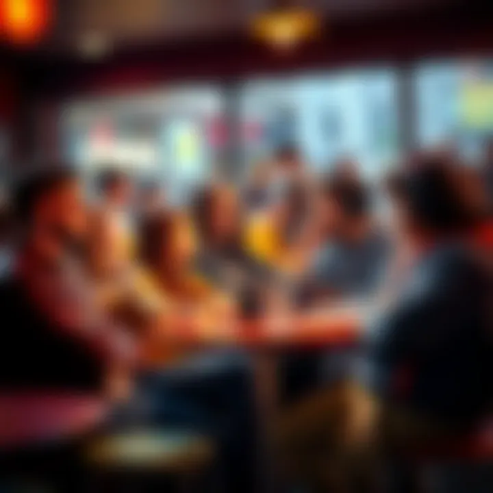 A group of fans discussing Devo's impact on music at a local café, showing mixed expressions of agreement and disagreement.