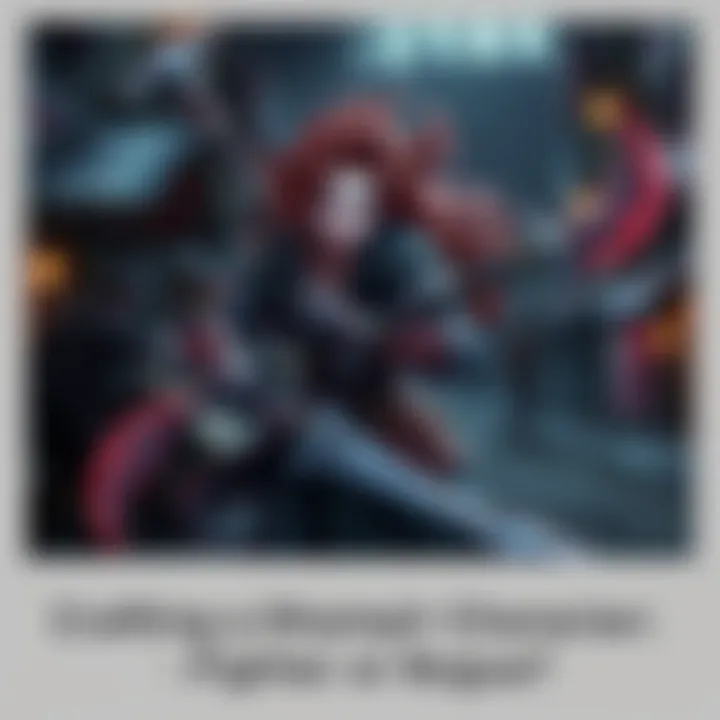 A Dhampir with a fierce expression, wielding unique weapons, stands ready for battle in a shadowy under-city setting, with hints of her dark backstory visible in the background.