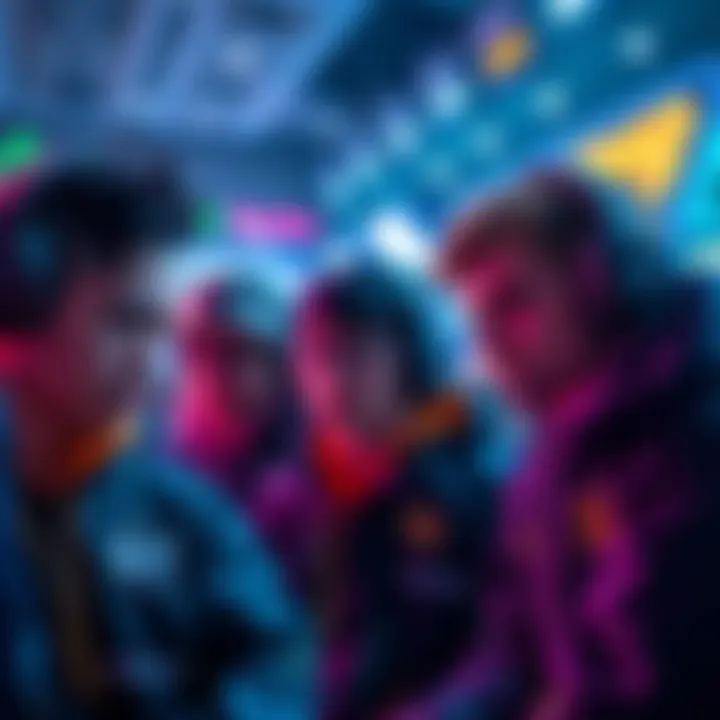 Dhillducks team getting ready to compete against Spacestation Gaming with focused expressions and gaming gear in a vibrant esports arena