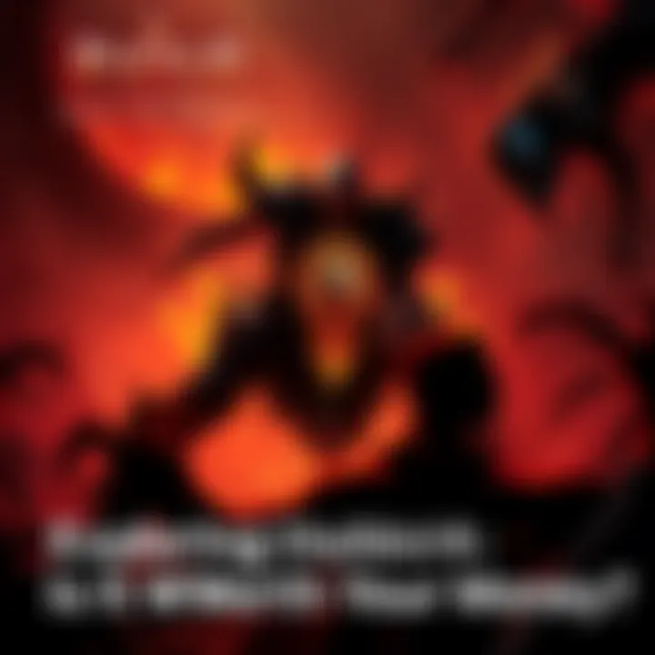 A dark fantasy scene showing the main character from Diablo 4 battling a monster, with a dramatic background of fire and shadows.