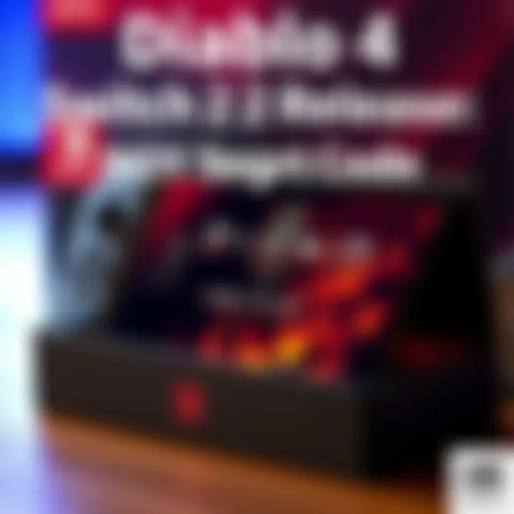 A close-up of a boxed Diablo 4 game for the Switch 2, showing a download code inside and no game cartridge, with a colorful game cover art