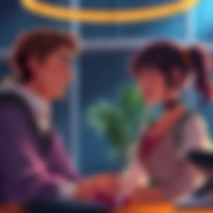 Male and female characters in Seluvis discussing their thoughts in a scene, illustrating their different speech styles.