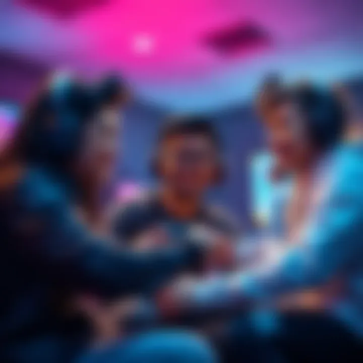 A group of three gamers on Xbox and PS discussing teamwork and strategy for their duo team, featuring a positive atmosphere and gaming gear.