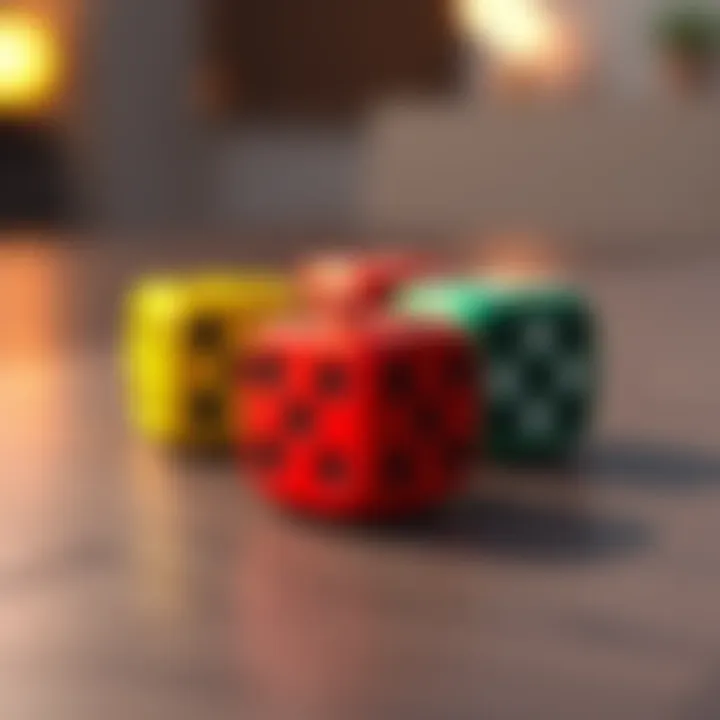 Close-up of colorful dice showing different numbers, representing chance and probability in decision-making.