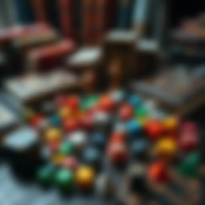 A colorful assortment of dice and game pieces surrounding a table with RPG game books, representing dice-rolling games like Baldur's Gate.