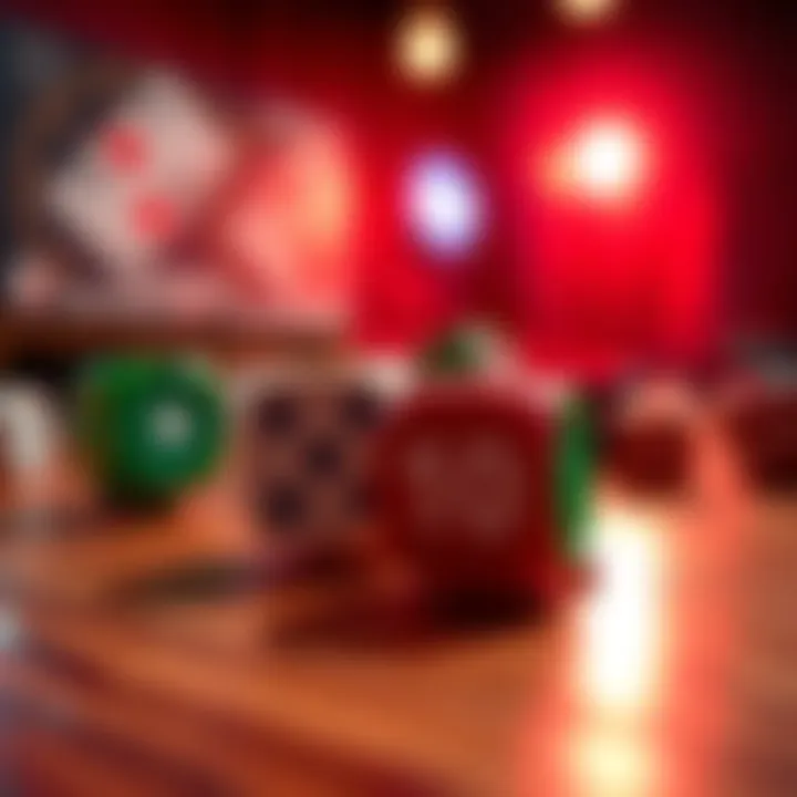 A close-up of colorful dice rolling on a wooden table, capturing the excitement of gaming