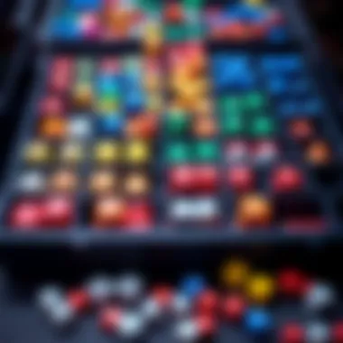 Dice stored in organized trays Colorful dice neatly arranged in slots of a storage box with some loose dice alongside