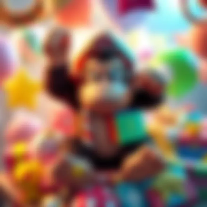 Diddy Kong surrounded by festive decorations, balloons, and game merchandise, celebrating his special year.