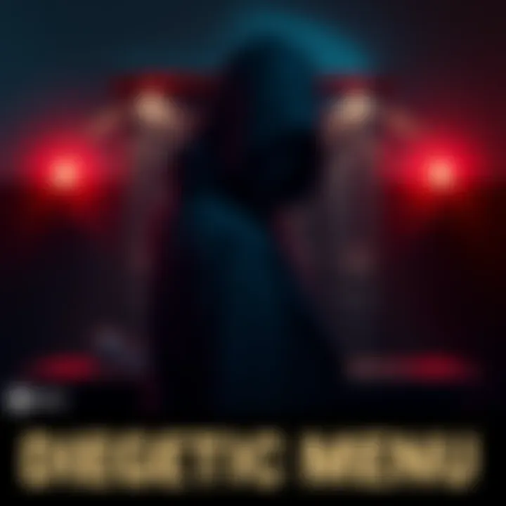 A conceptual design for a diegetic menu in a horror game, featuring eerie elements like shadows and dark colors to enhance immersion.