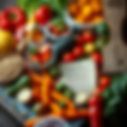 Dietary guidelines for food enthusiasts A colorful spread of fresh ingredients alongside a note about food stockpiling during Lush Blooms