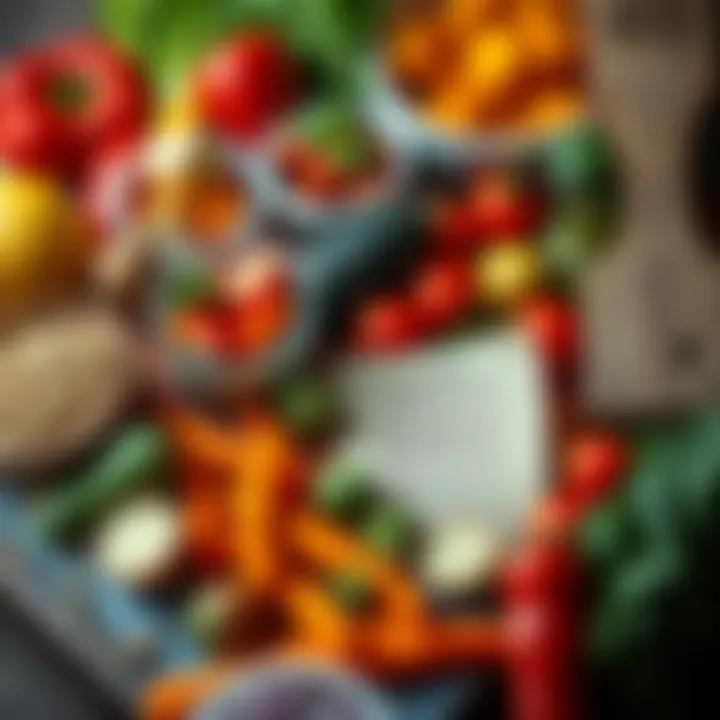 Dietary guidelines for food enthusiasts A colorful spread of fresh ingredients alongside a note about food stockpiling during Lush Blooms