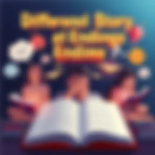 Illustration showing various story endings, including happy, sad, and unexpected outcomes, represented by open books and thought bubbles.