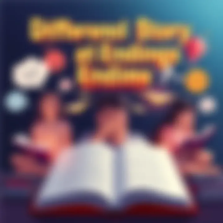 Illustration showing various story endings, including happy, sad, and unexpected outcomes, represented by open books and thought bubbles.