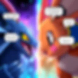 A split image showing a Digimon character on one side and a Pokemon character on the other, highlighting the ongoing debate between fans, with dialogue bubbles depicting arguments.