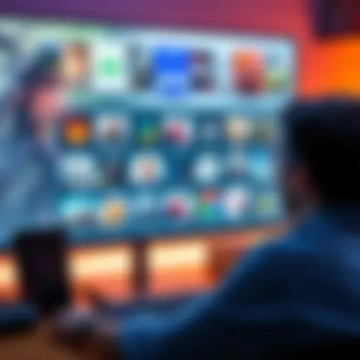 A person browsing a digital game store on a computer with game icons displayed on the screen.