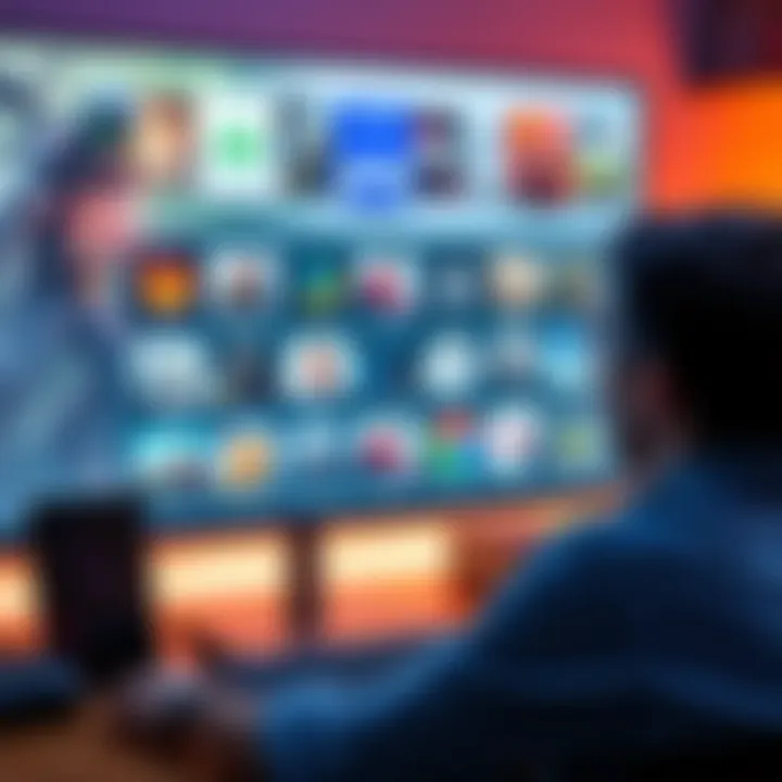 A person browsing a digital game store on a computer with game icons displayed on the screen.