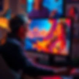 An artist reviewing their wallpaper on a computer screen while discussing theft issues in online forums.