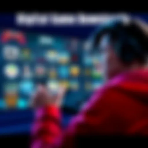 Digital Game Downloads A gamer looking at a console with digital game downloads on the screen, showcasing the shift from physical discs to digital games.
