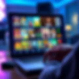 A person browsing a digital game library on a laptop, with colorful game covers displayed on the screen.