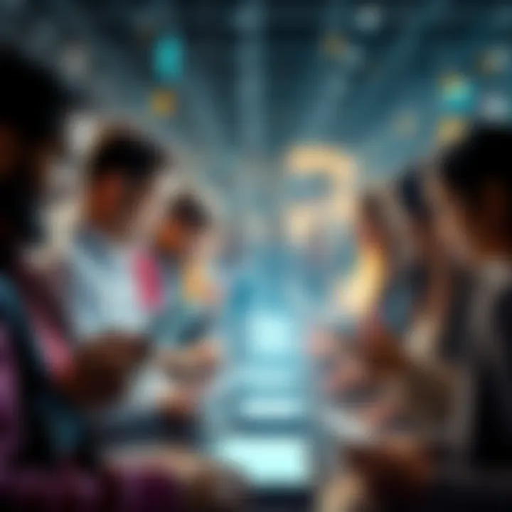 A group of diverse people engaged in online communication through devices, symbolizing community connections