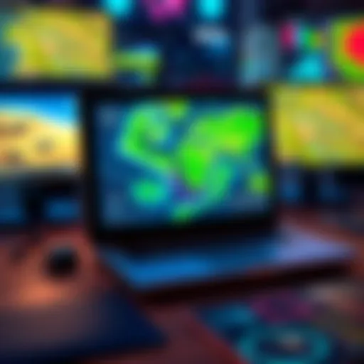 A laptop showing digital maps with gaming screens around it.