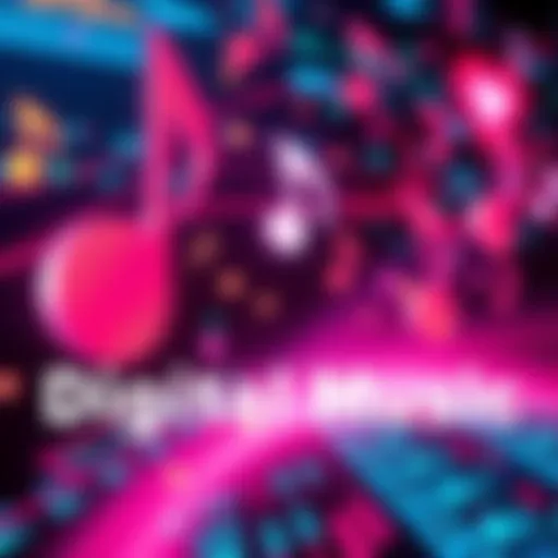 A vibrant graphic showing musical notes and digital symbols representing the latest trends in digital music.